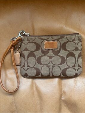 Coach Brown Signature Canvas Wristlet with Tan Leather Trim